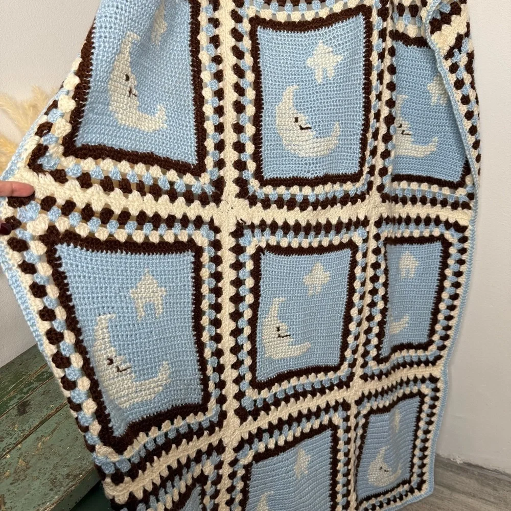 Handmade Granny Square Crochet Baby Blanket Afghan Moon & Stars Blue 40 x 57.5”